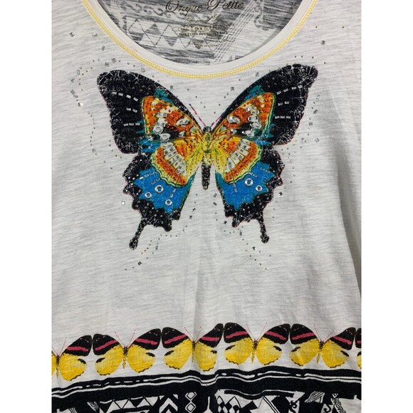 ONQUE PETITE PXL Beaded Butterfly Geometric Designs Short Sleeve Blouse Top - Picture 2 of 10
